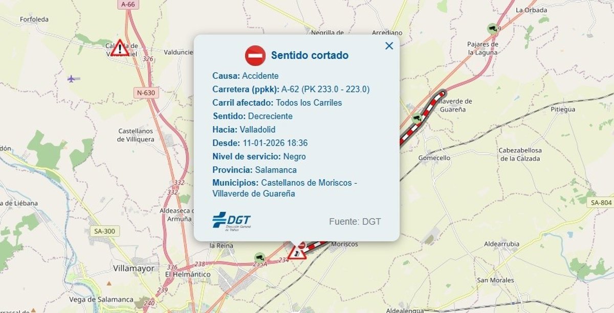 Corte en la A-62 entre Salamanca y Villaverde de Guareña por una colisión entre dos camiones