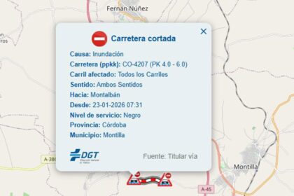 Cortada la CO-4207 entre Montilla y Montalbán (Córdoba) al desbordarse un arroyo