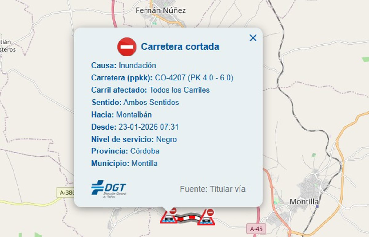 Cortada la CO-4207 entre Montilla y Montalbán (Córdoba) al desbordarse un arroyo