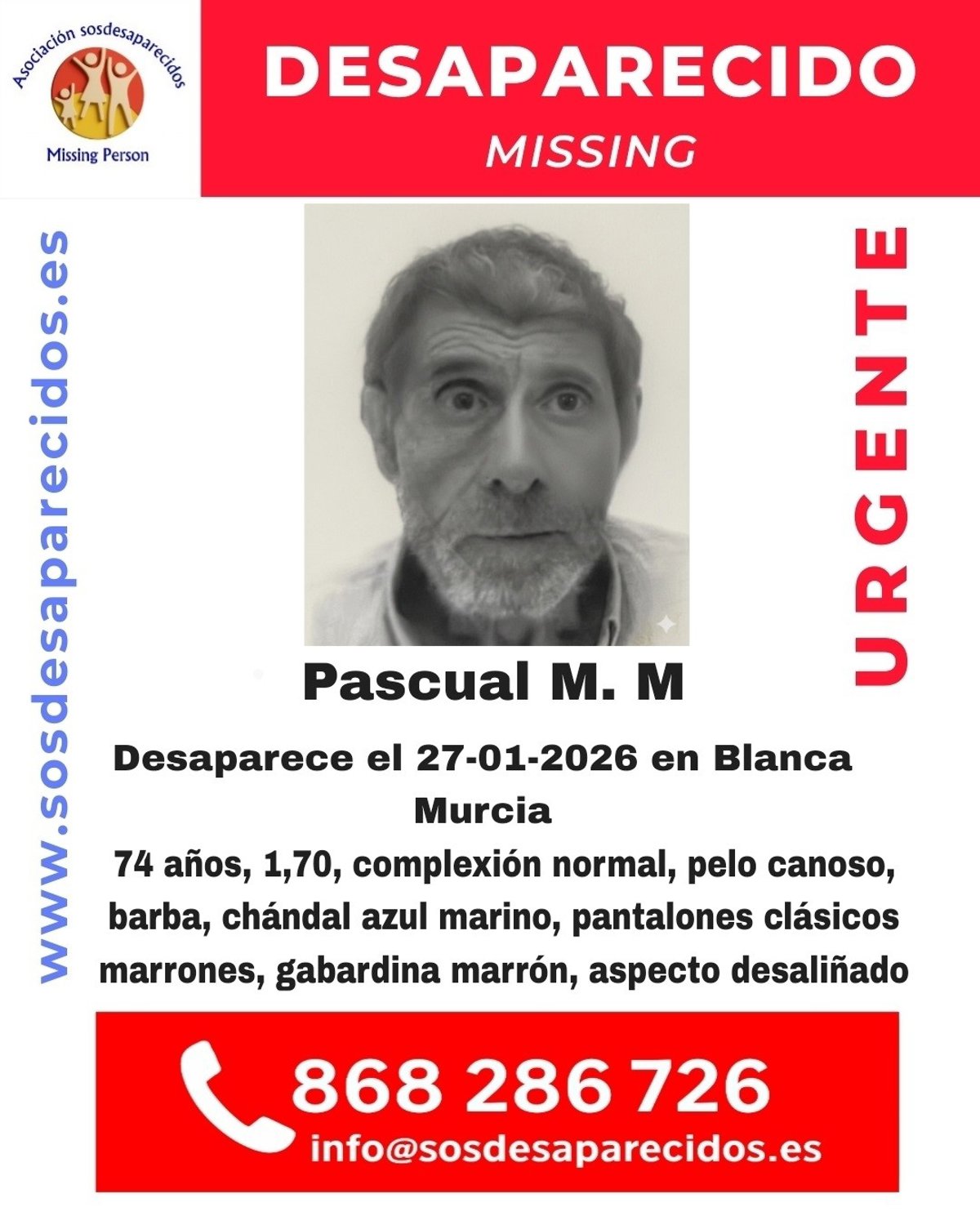 Buscan a un hombre de 74 años desaparecido desde este martes en Blanca