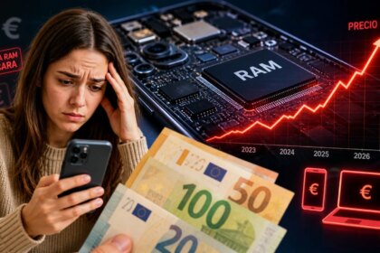 Una persona sostiene un portátil con una imagen de memoria RAM en la pantalla, reflejando la crisis de la RAM