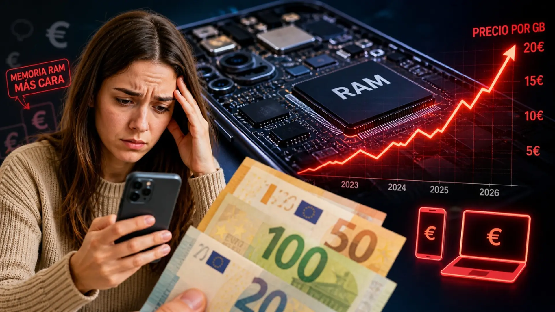 Una persona sostiene un portátil con una imagen de memoria RAM en la pantalla, reflejando la crisis de la RAM