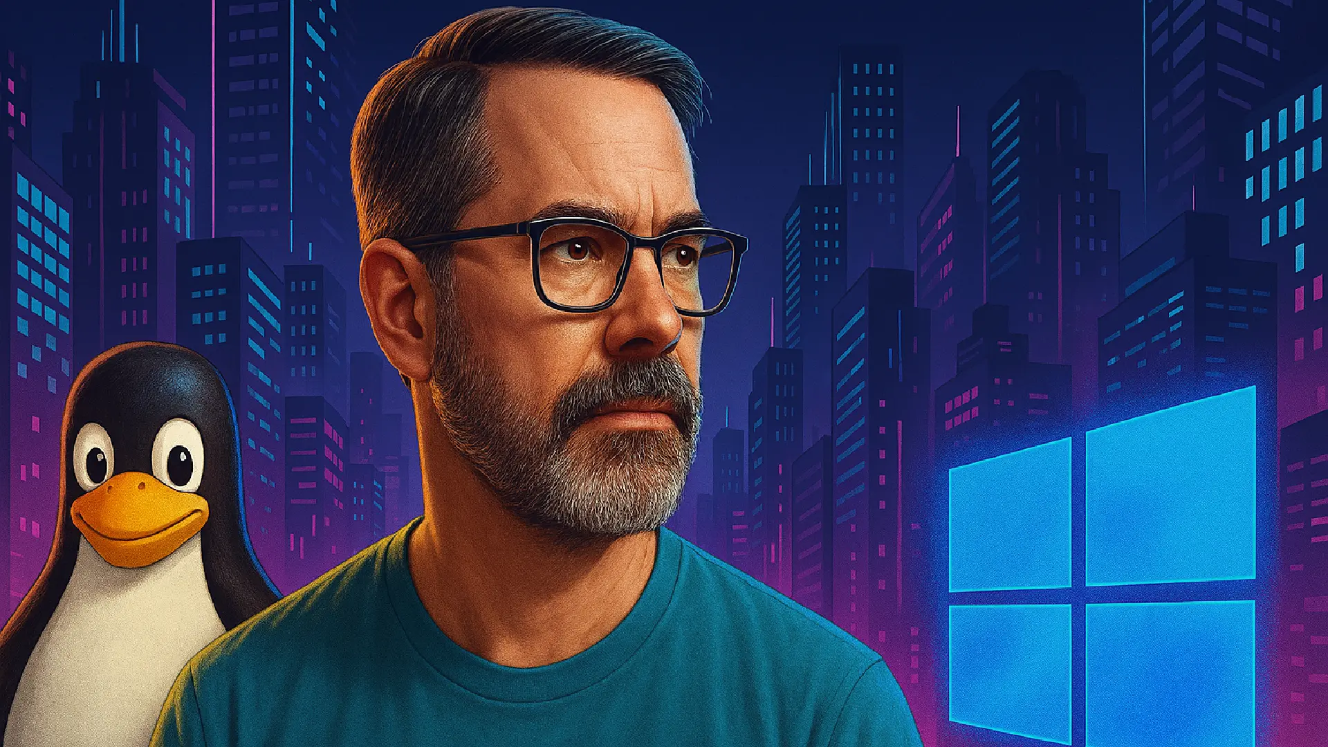 Un hombre con gafas sentado frente a una computadora con Windows 11