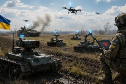Imagen de un robot militar ucraniano avanzando en un entorno de combate, con equipo de comunicaciones en un entorno hostil