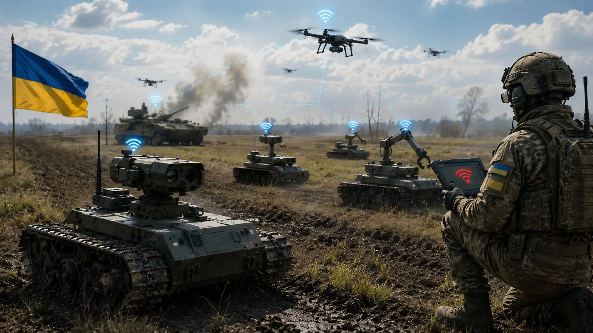 Imagen de un robot militar ucraniano avanzando en un entorno de combate, con equipo de comunicaciones en un entorno hostil