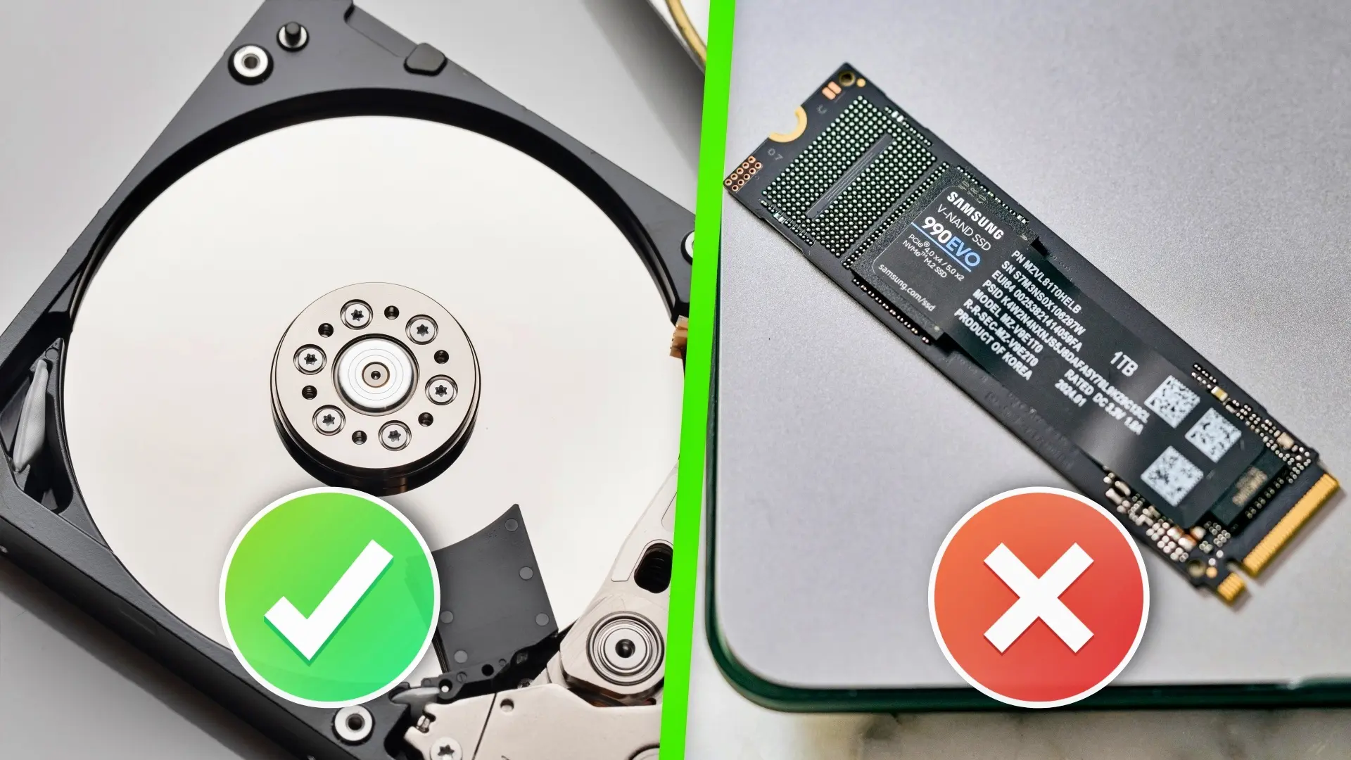 Un técnico sostiene un disco duro HDD y un SSD en sus manos, mostrando la diferencia entre ambas tecnologías de almacenamiento.