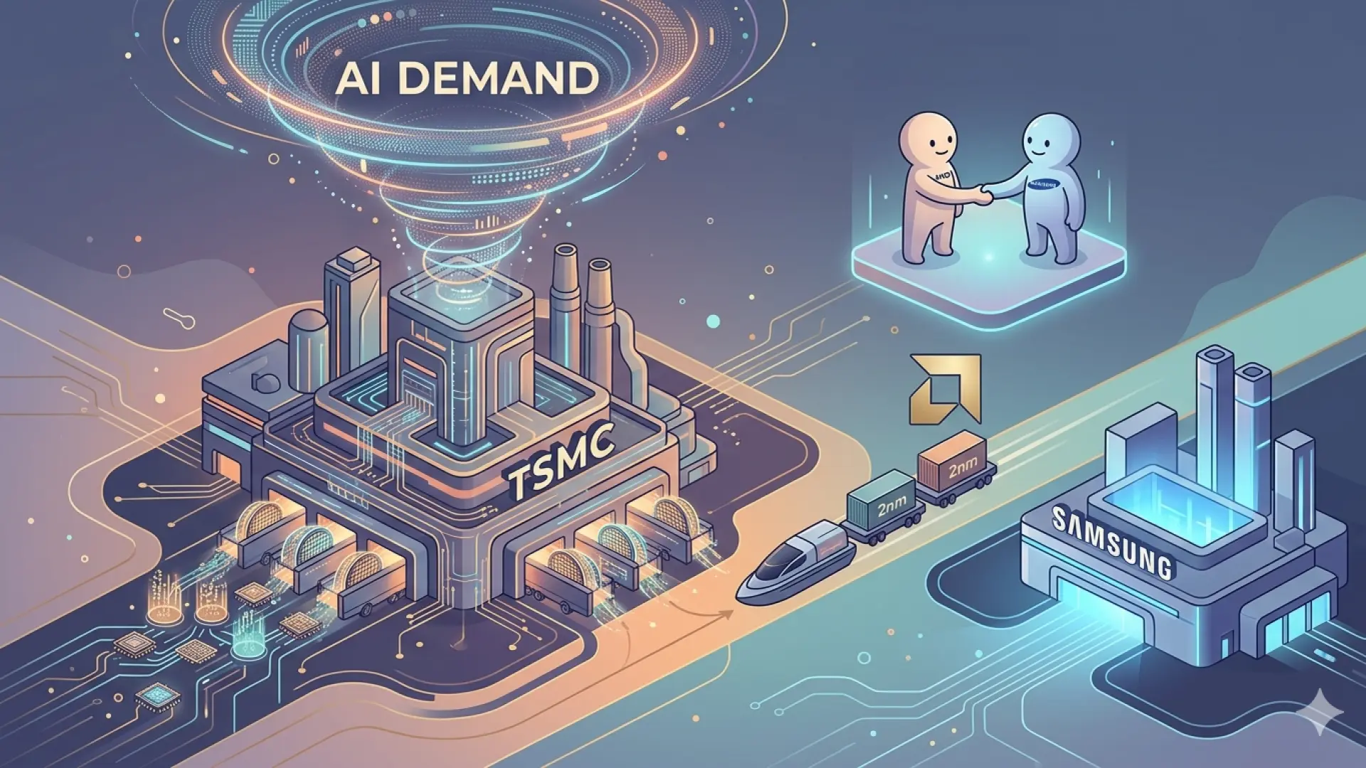 Imagen de procesadores y chips de computadora, con tecnología de Samsung y AMD