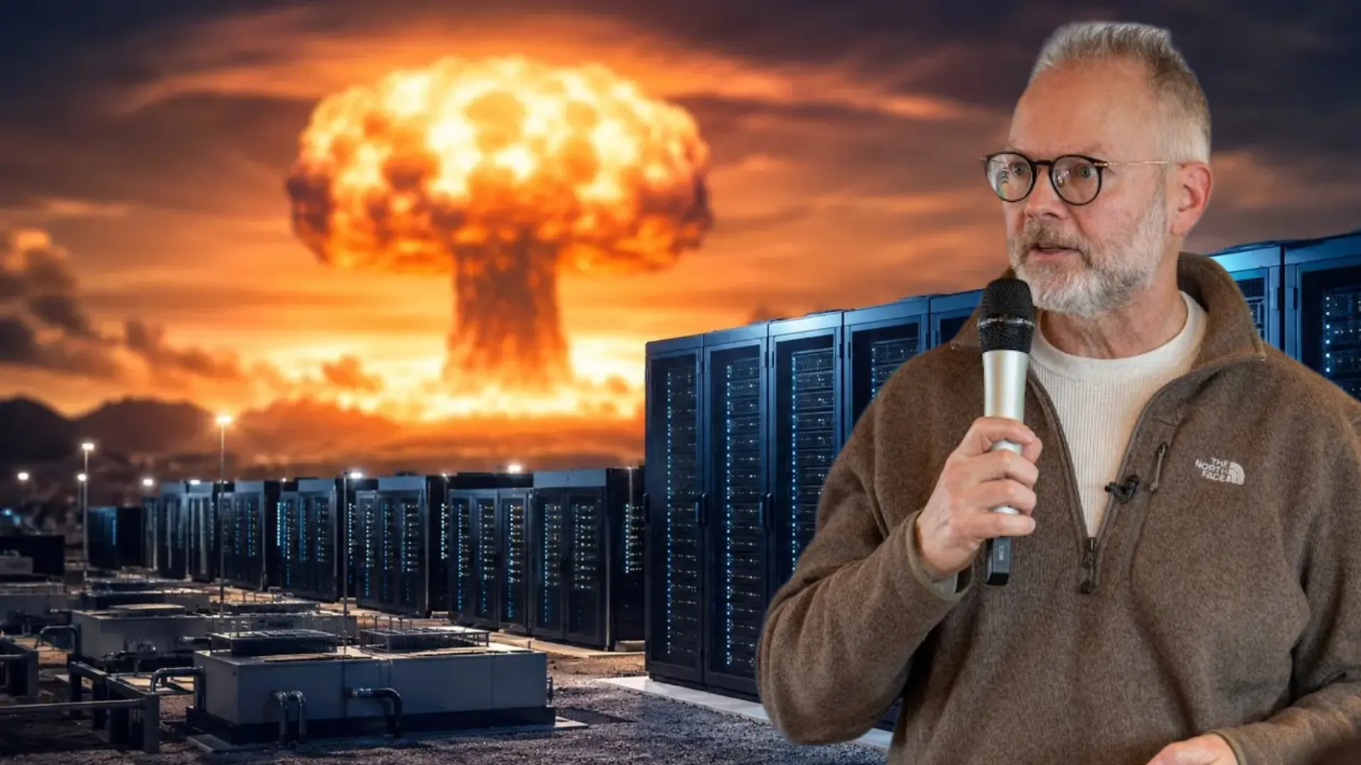 Un centro de datos gigante con servidores trabajando a toda capacidad, generando una enorme cantidad de calor.