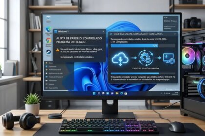 Una imagen de un técnico de Microsoft trabajando en un centro de datos, con una pantalla de Windows 11 mostrando una actualización de drivers.