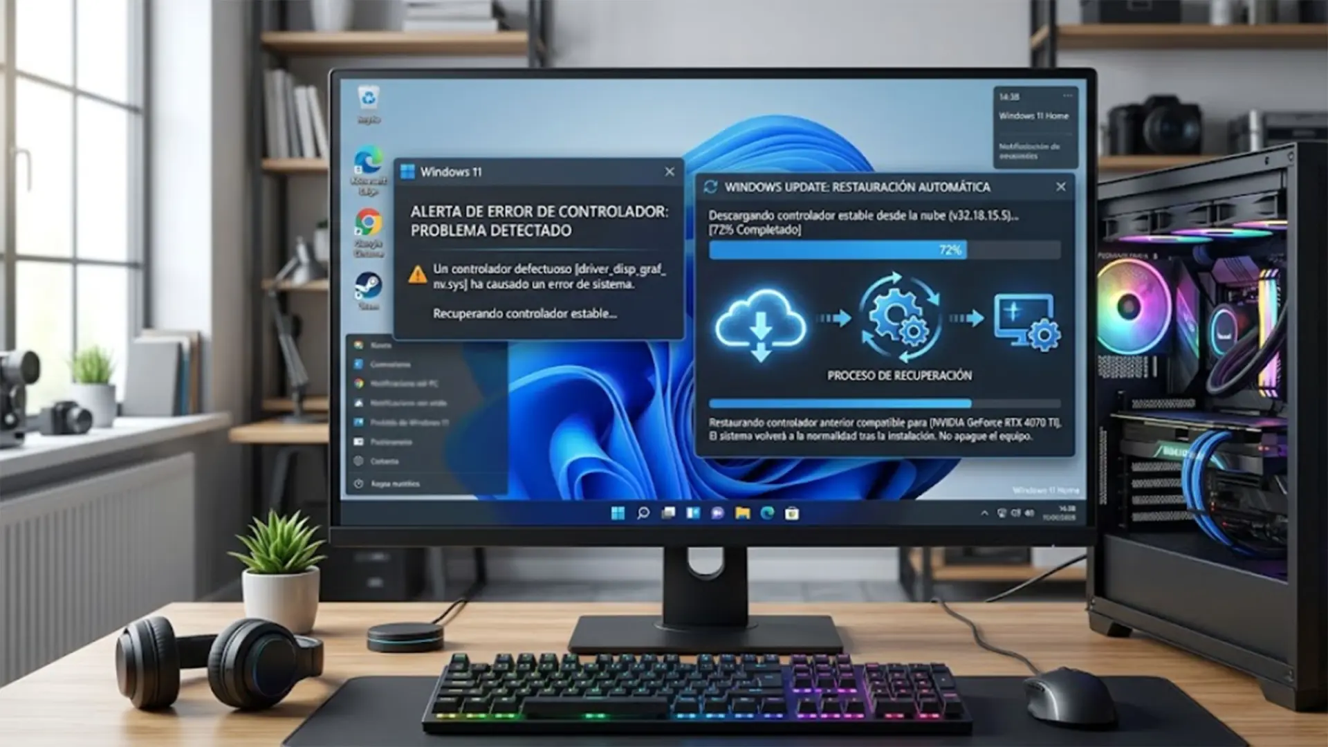 Una imagen de un técnico de Microsoft trabajando en un centro de datos, con una pantalla de Windows 11 mostrando una actualización de drivers.