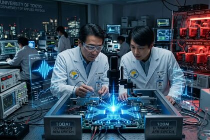 Imagen de un circuito impreso con componentes de alta velocidad y tecnología de espintrónica antiferromagnética
