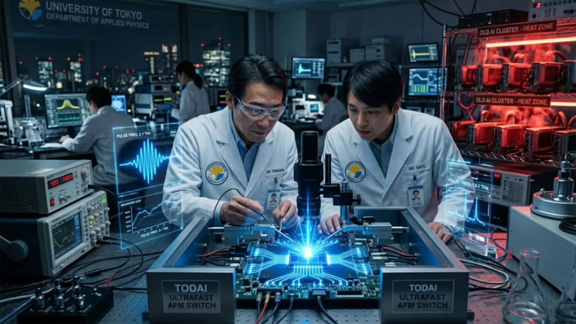 Imagen de un circuito impreso con componentes de alta velocidad y tecnología de espintrónica antiferromagnética
