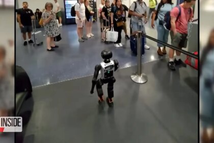 Imagen de un robot humanoide en un aeropuerto 'esperando embarcar'
