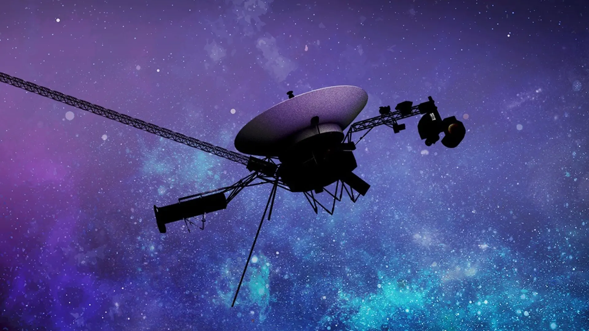 Una imagen de las sondas Voyager en el espacio profundo, con una leyenda que dice 'Sondas Voyager con software de 1970'