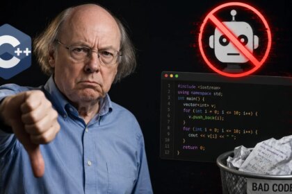 Bjarne Stroustrup en una conferencia, hablando sobre sus críticas a la IA en el desarrollo de software