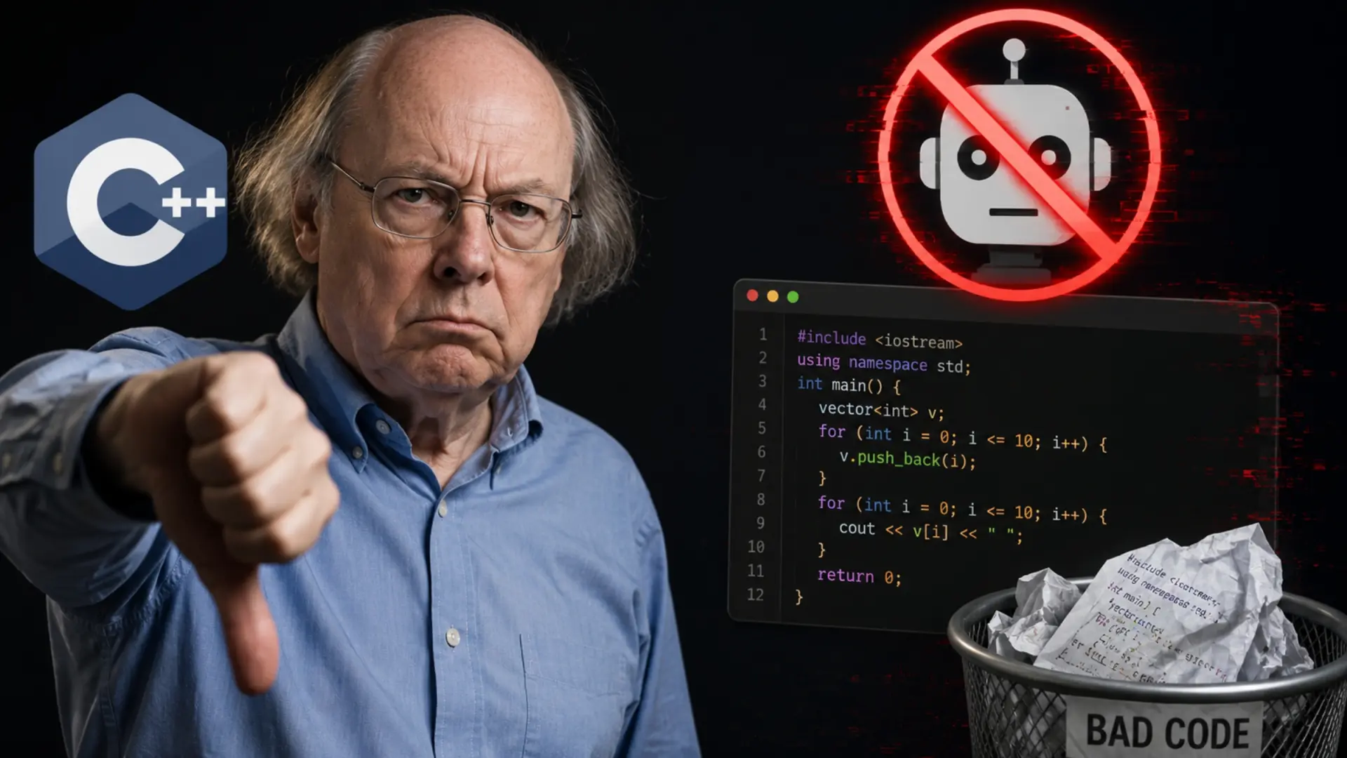 Bjarne Stroustrup en una conferencia, hablando sobre sus críticas a la IA en el desarrollo de software