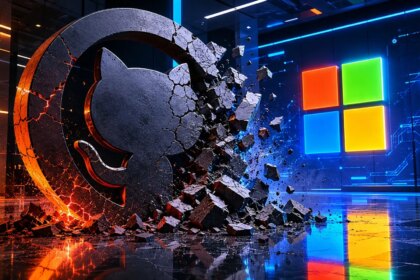 Imagen de GitHub con un logo de Microsoft superpuesto, simbolizando la adquisición de la plataforma