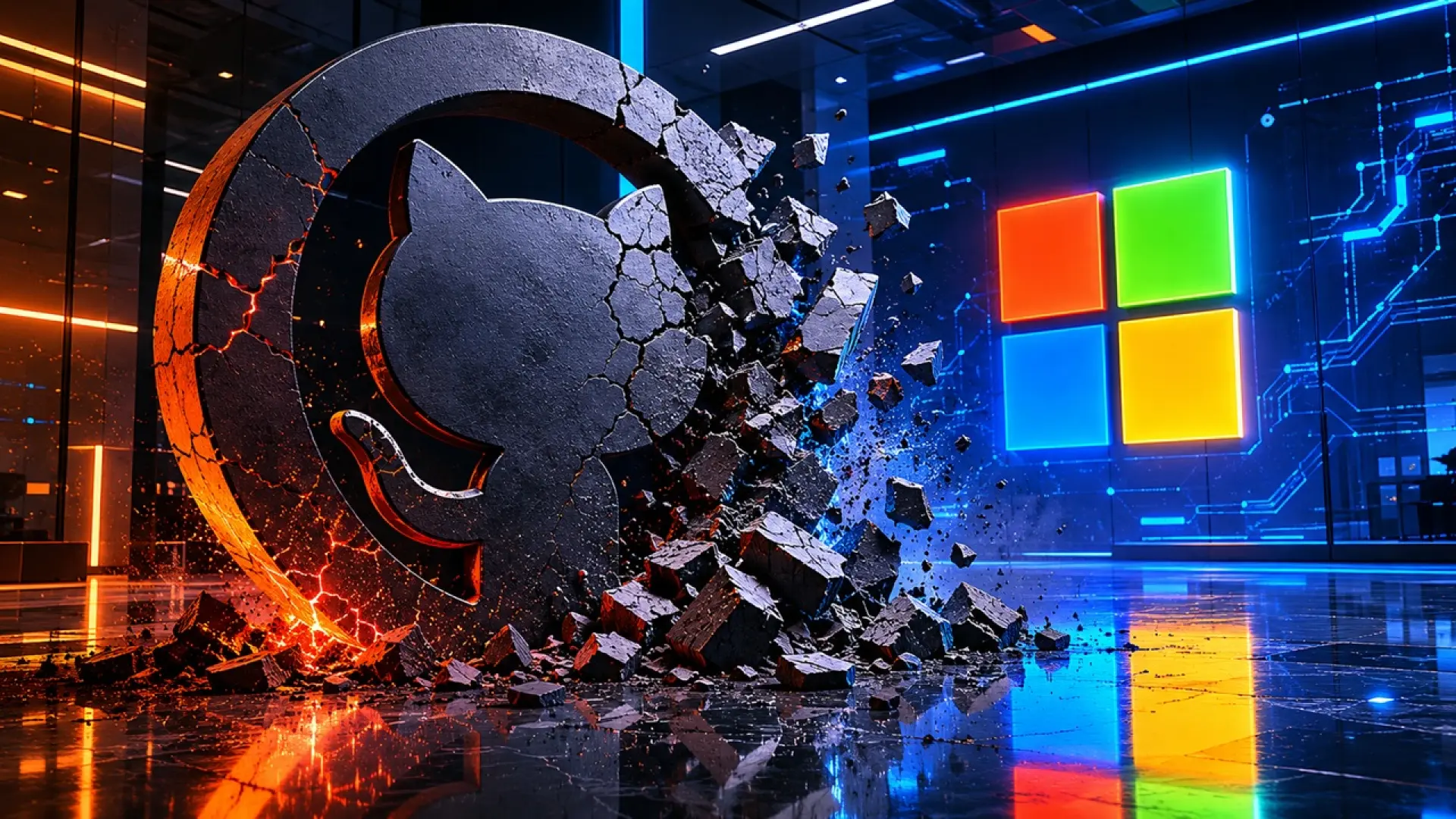 Imagen de GitHub con un logo de Microsoft superpuesto, simbolizando la adquisición de la plataforma