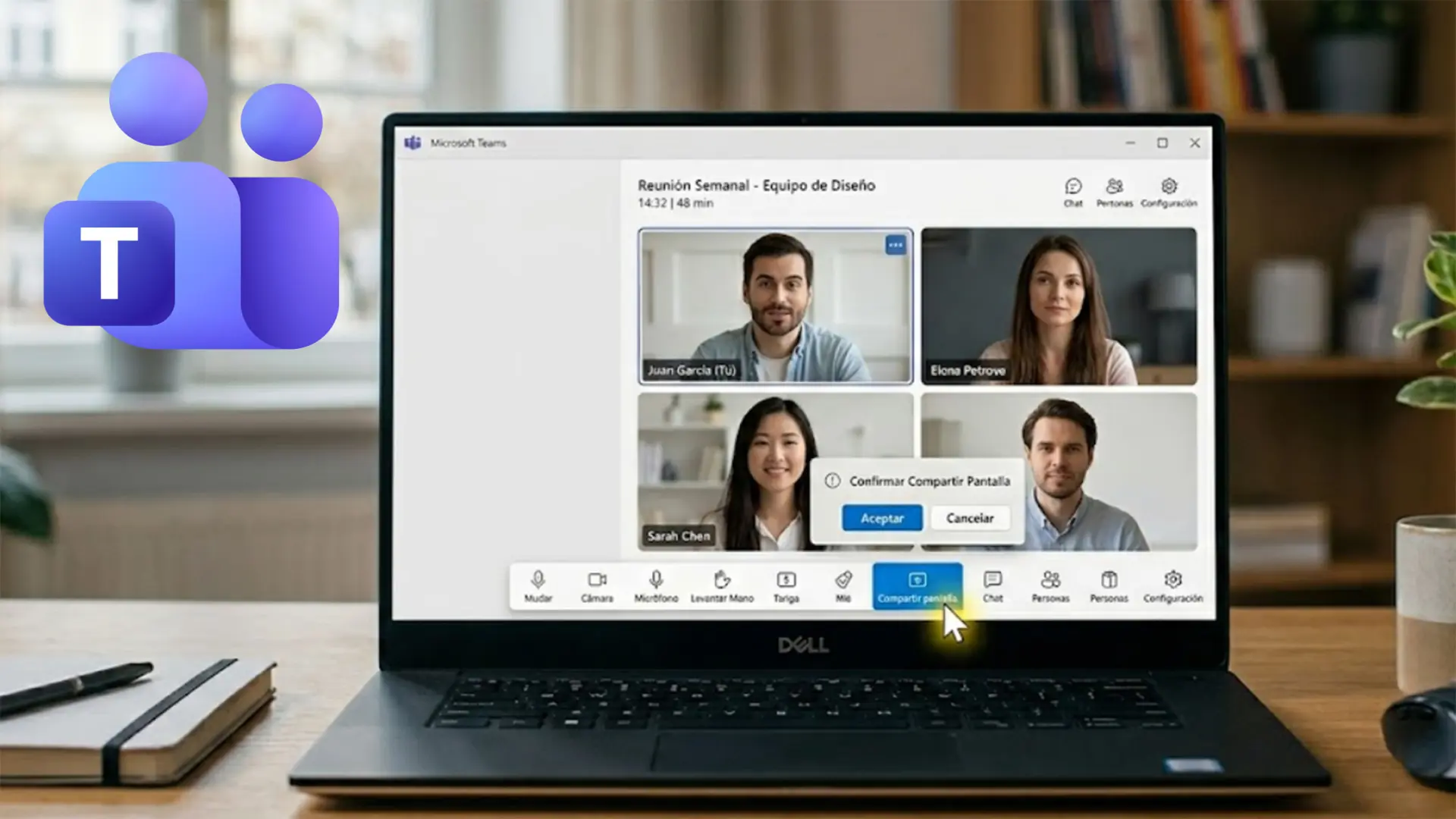 Una persona usando Microsoft Teams en su ordenador portátil con una expresión de sorpresa