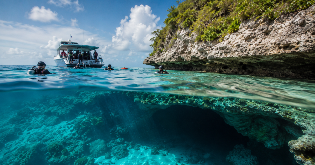Imagen de una cueva submarina en Maldivas, con aguas cristalinas y un entorno natural impresionante