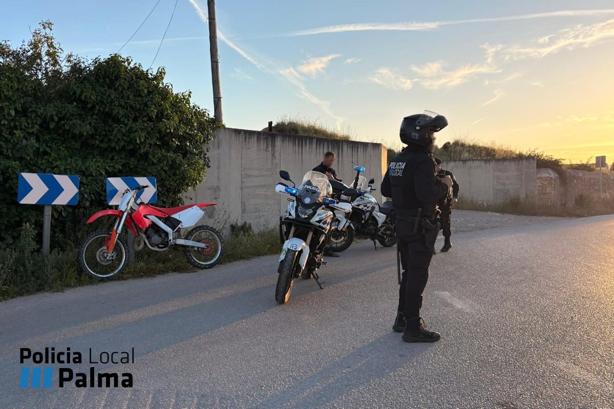 Imagen de un agente de policía en una calle de Palma, con un joven detenido en el suelo