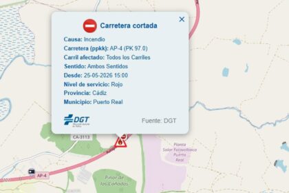 Afectados 7.000 m2 de vegetación por un incendio en la AP-4 en Puerto Real (Cádiz) con tráfico cortado varias horas