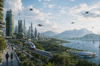 Una imagen de una ciudad futurista con personas de diferentes edades y culturas, rodeadas de tecnología avanzada y un paisaje sostenible.