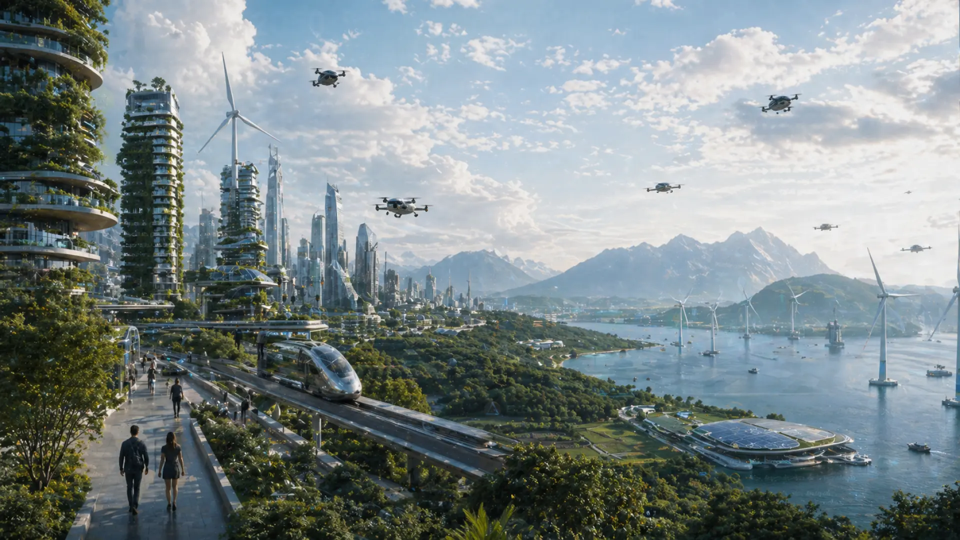 Una imagen de una ciudad futurista con personas de diferentes edades y culturas, rodeadas de tecnología avanzada y un paisaje sostenible.