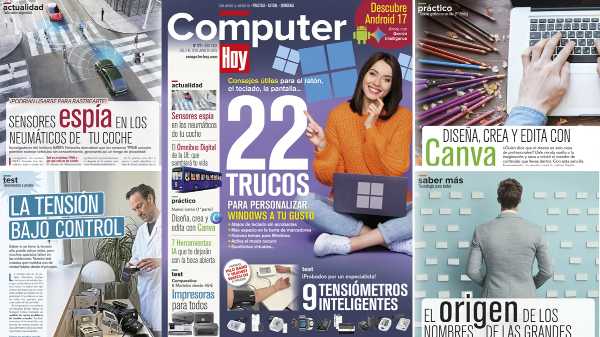 Revista Computer Hoy número 722 sobre una mesa de trabajo con dispositivos tecnológicos alrededor