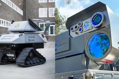 Un robot militar autónomo con un sistema de rayo láser para derribar drones