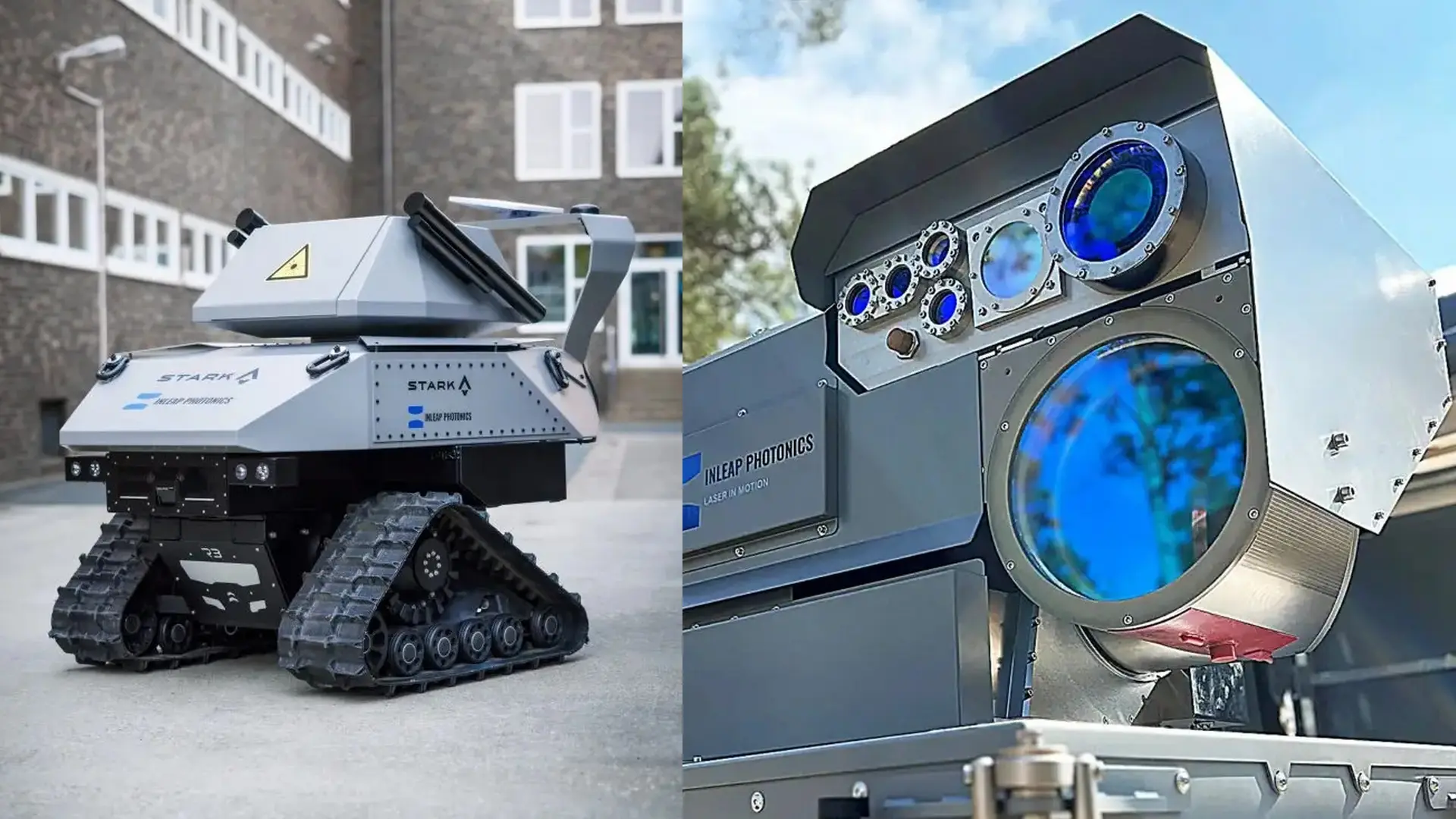 Un robot militar autónomo con un sistema de rayo láser para derribar drones