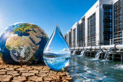 Una imagen de un centro de datos de inteligencia artificial con un grifo de agua goteando en el primer plano, simbolizando el consumo de agua de la IA.