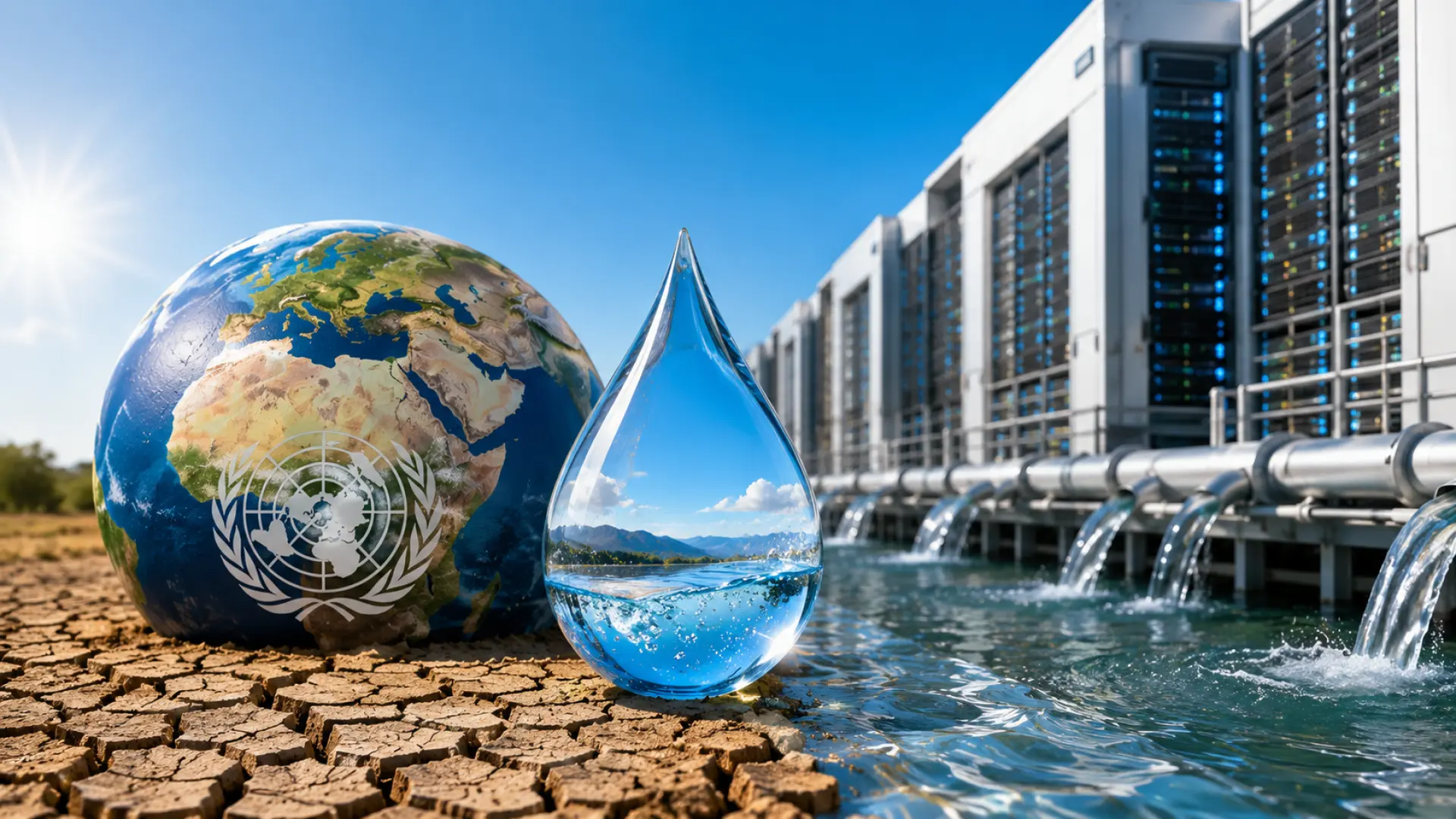 Una imagen de un centro de datos de inteligencia artificial con un grifo de agua goteando en el primer plano, simbolizando el consumo de agua de la IA.