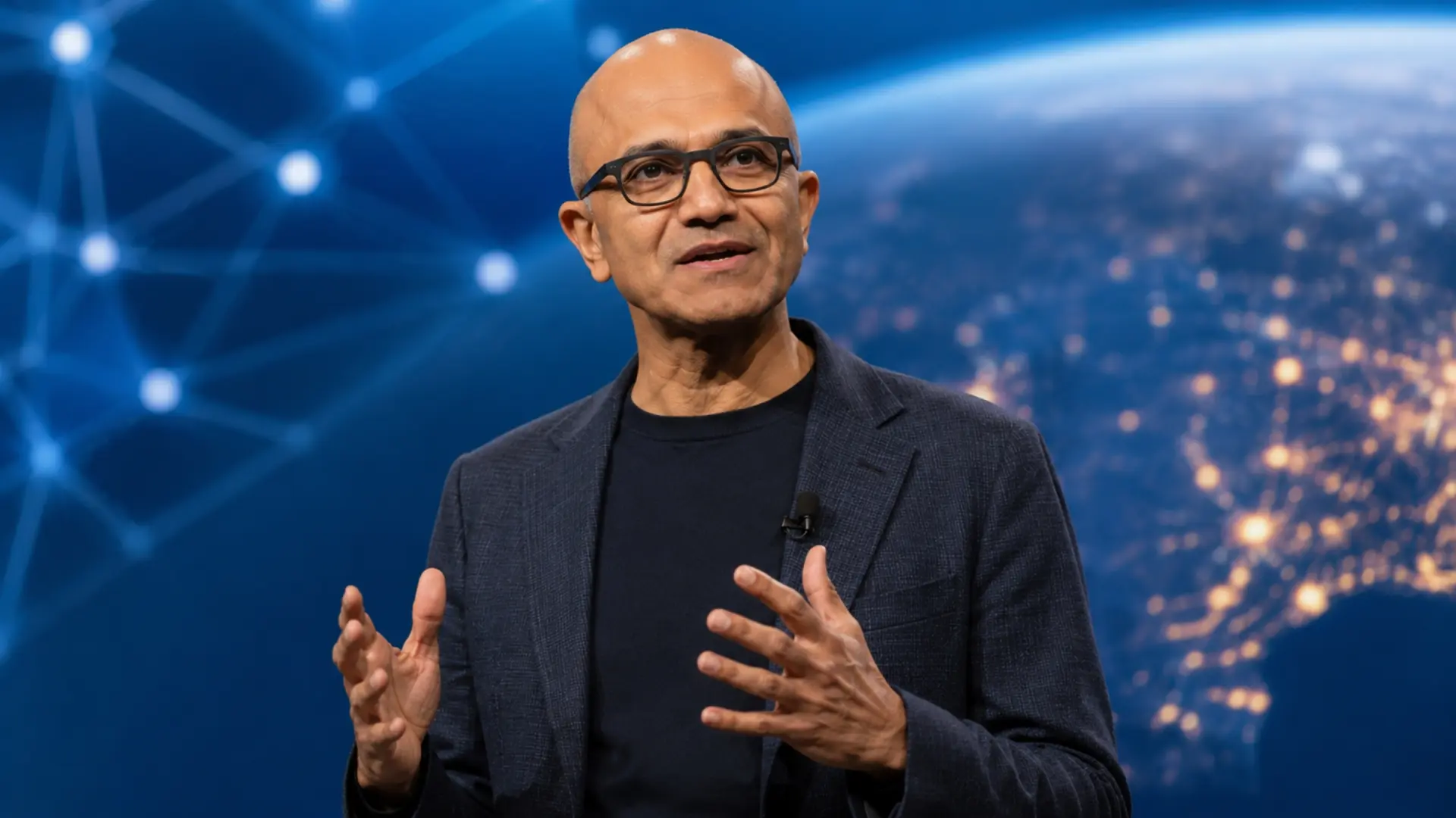 Satya Nadella en un evento hablando sobre empatía y liderazgo en Microsoft