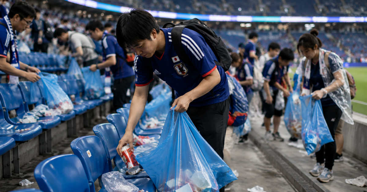 Aficionados japoneses recogiendo basura en el estadio tras un partido, ejemplo de respeto colectivo