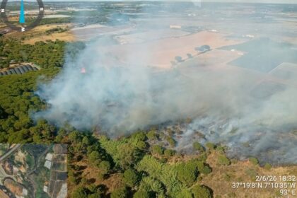 Un vehículo semipesado y medios aéreos anfibios listos para combatir el incendio en Cartaya