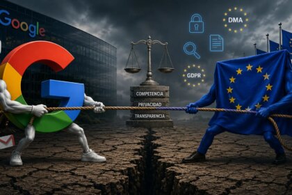 Oficina de la UE con documentos legales y el logo de Google en segundo plano, simbolizando la multa récord por abuso de monopolio en Android