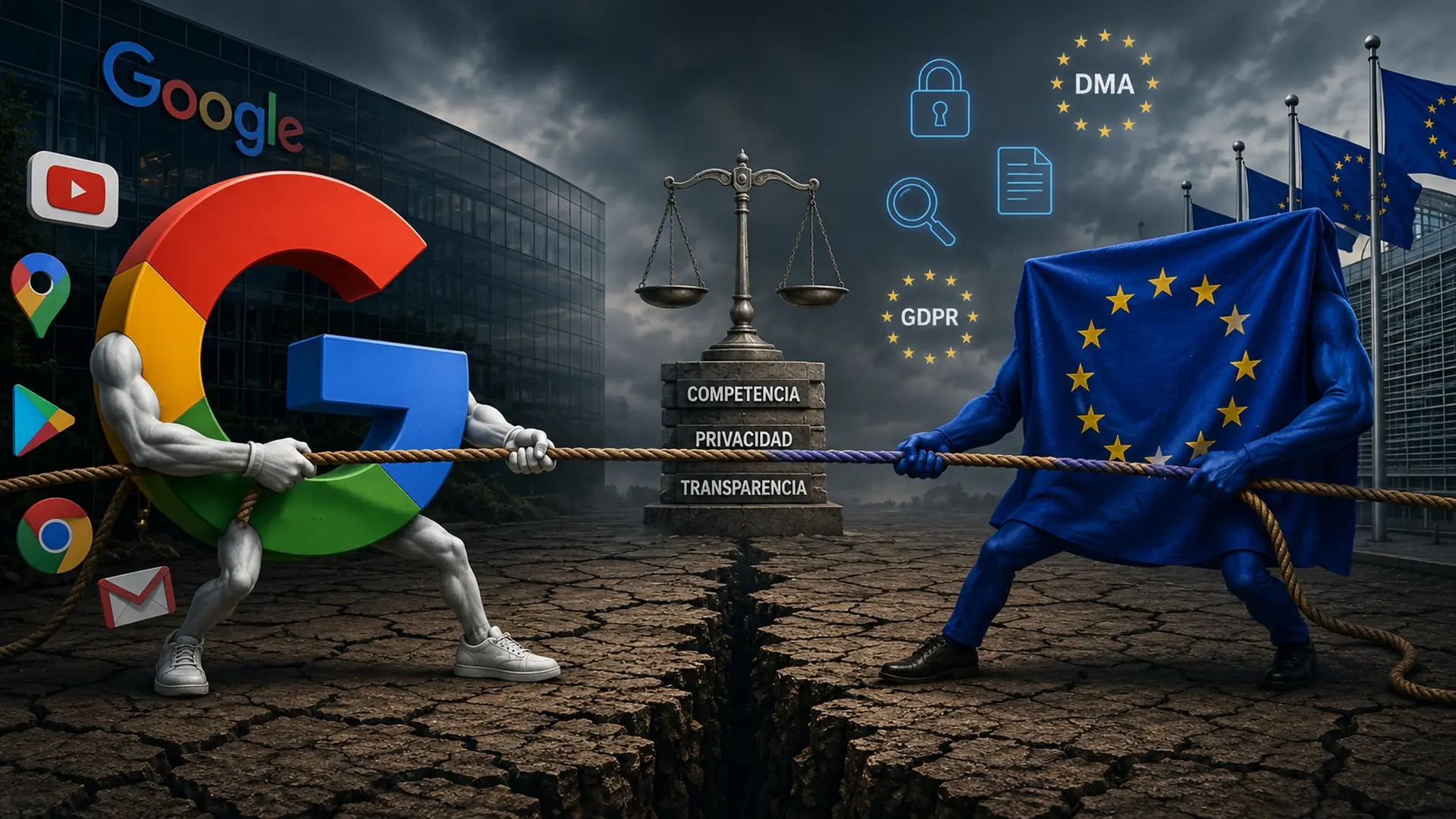 Oficina de la UE con documentos legales y el logo de Google en segundo plano, simbolizando la multa récord por abuso de monopolio en Android